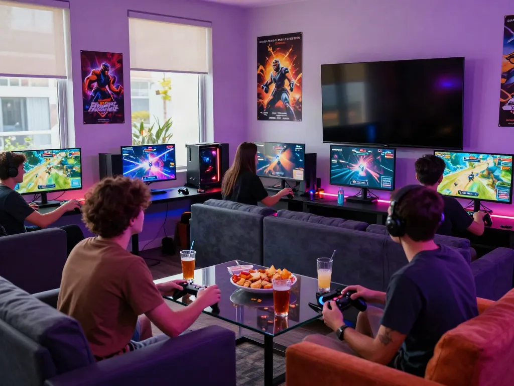 Kilat404 gaming scene with friends enjoying multiplayer experience in a vibrant lounge.