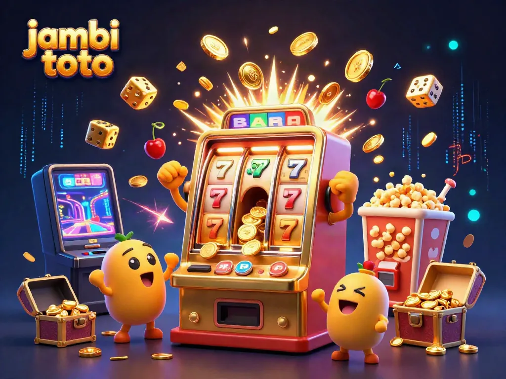 Experience jambi toto excitement as a golden slot machine hits a jackpot amidst coins and cheering baby machines.