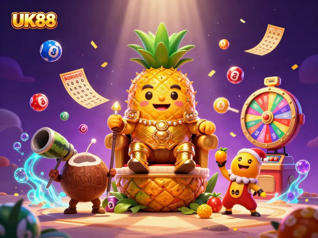 Experience lottery excitement with UK88's vibrant illustration of dynamic casino elements and characters.