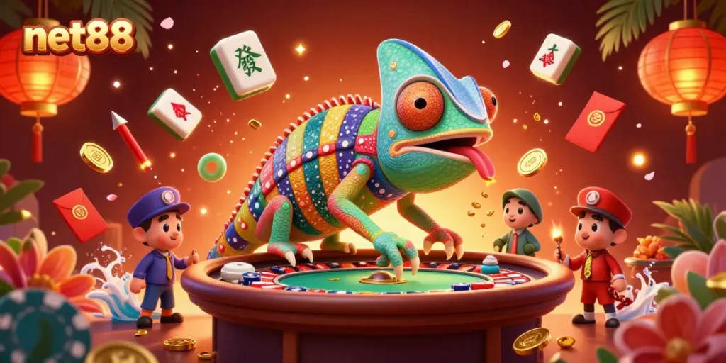 Experience thrilling gaming at net88 with a vibrant chameleon casino owner and dynamic game elements.