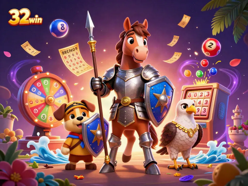 Engage with 32win's vibrant casino adventure showcasing a knight, squire, and falcon amidst playful lottery elements.