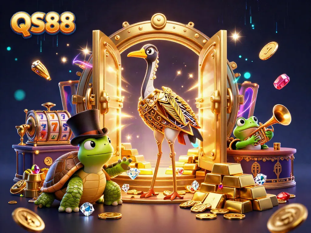 Join the excitement at QS88 casino with vibrant characters amidst a treasure-filled slot game.