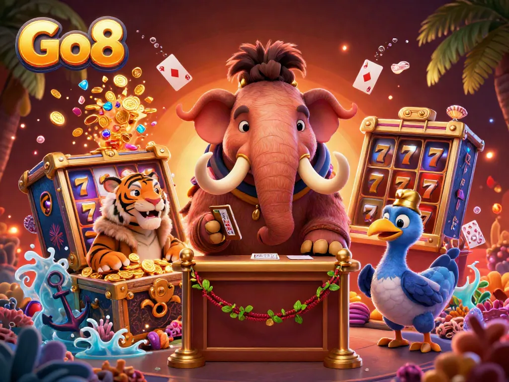 Engaging scene at Go8 casino with a woolly mammoth bouncer and vibrant slot games, showcasing exciting gambling action.