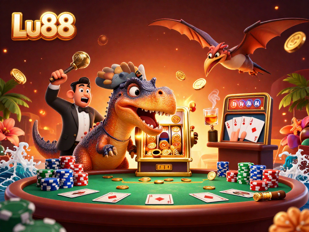 Lu88 offers an exciting casino experience with vibrant scenes of a pachycephalosaurus winning jackpots.
