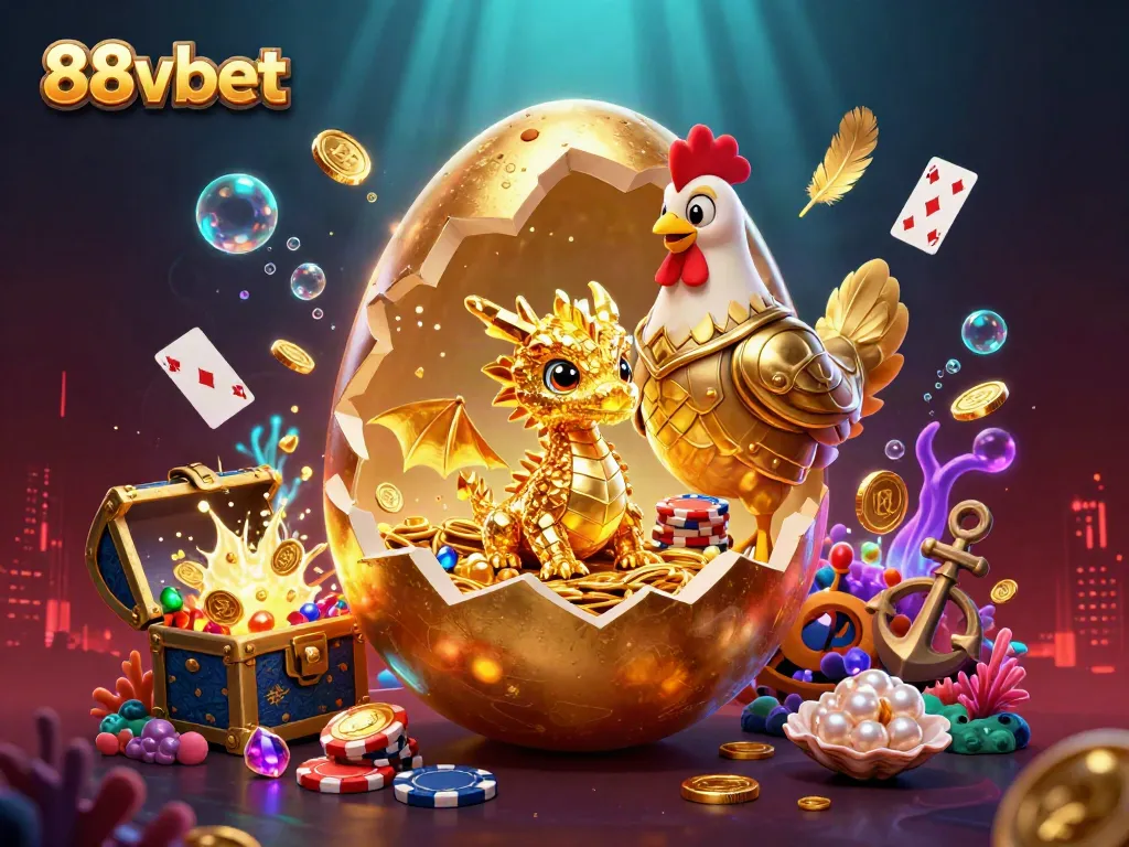 88vbet showcases a mesmerizing scene with a golden dragon and poker chips, radiating excitement and treasure.