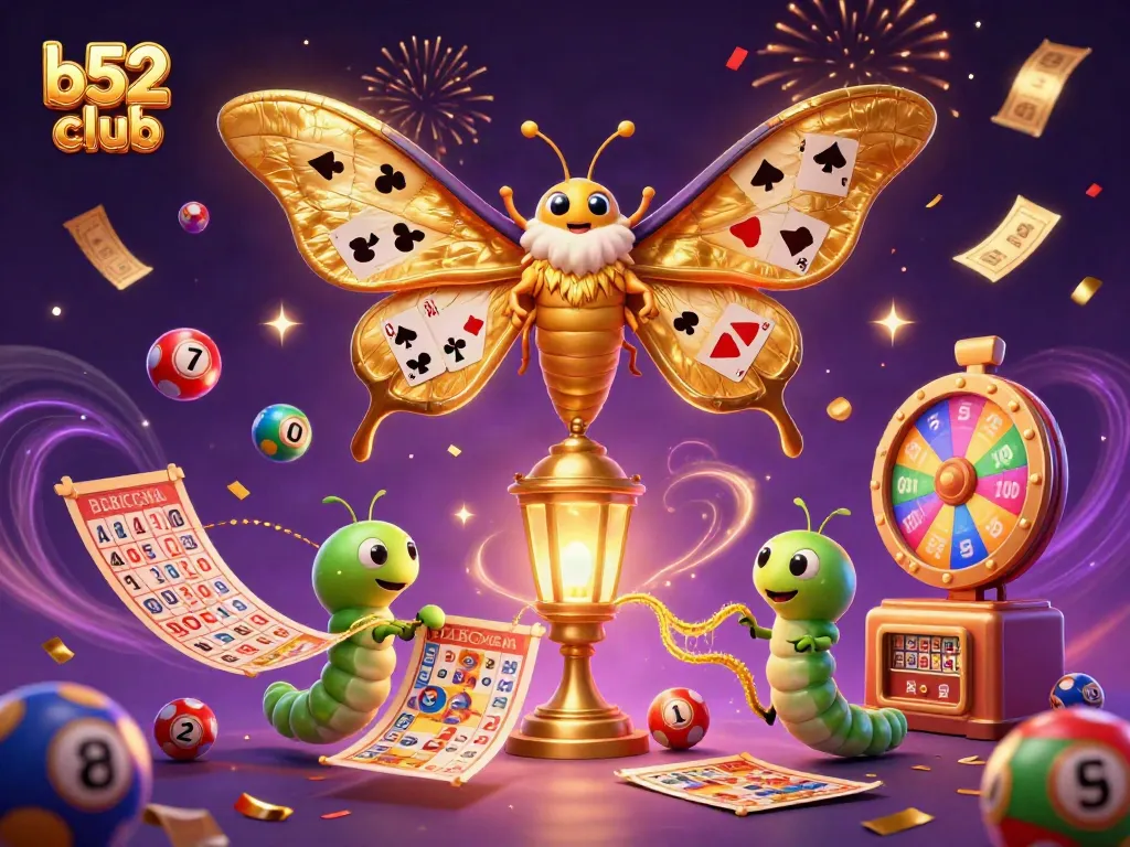 Join the fun at b52club with lively lottery balls and casino elements in this vibrant illustration.