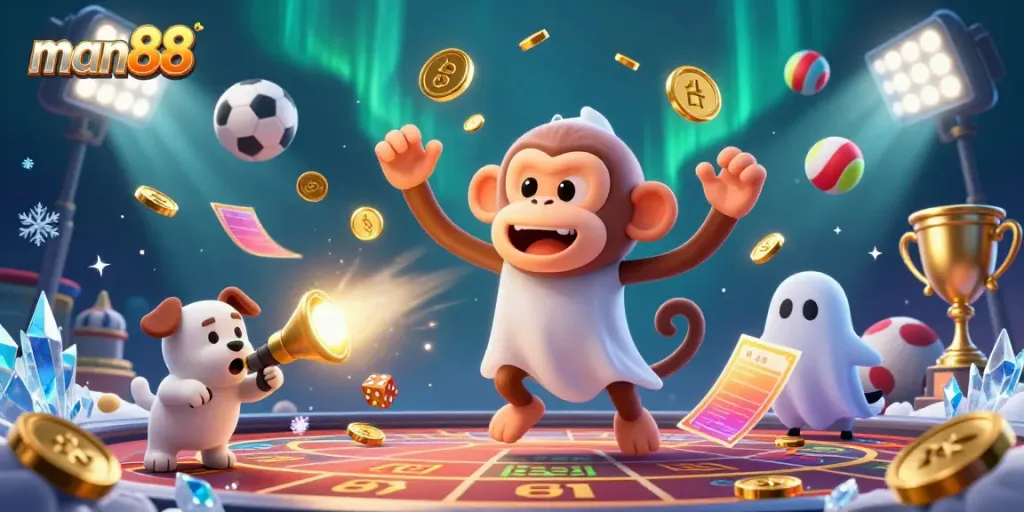 Experience thrilling bets at man88 with a playful poltergeist monkey juggling coins in a vibrant casino.