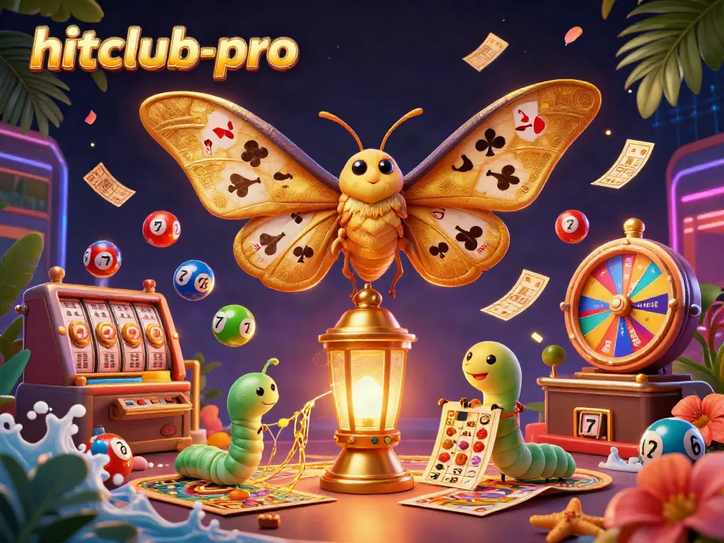 Engage with hitclub-pro's dynamic casino experience featuring a moth, lottery balls, and vibrant gaming elements.