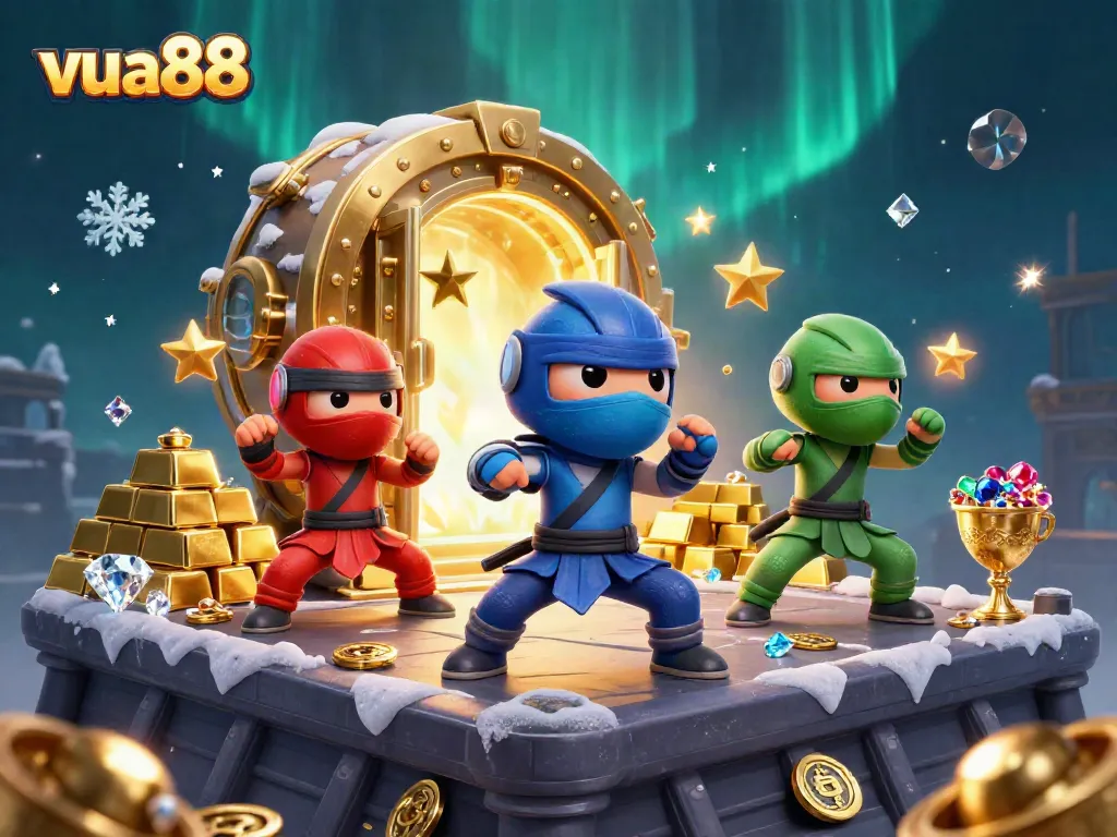Experience thrilling action at vua88 with chameleon ninjas amidst treasure and casino elements.