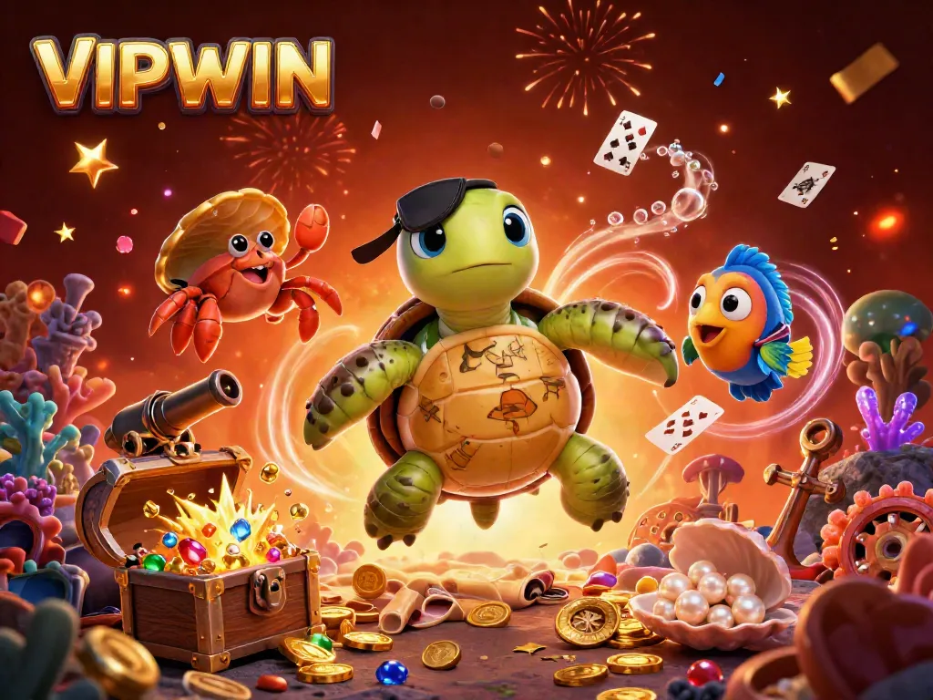 VIPWIN gaming scene with pirate turtle, crab, and parrotfish celebrating treasures and rewards in a vibrant underwater world.