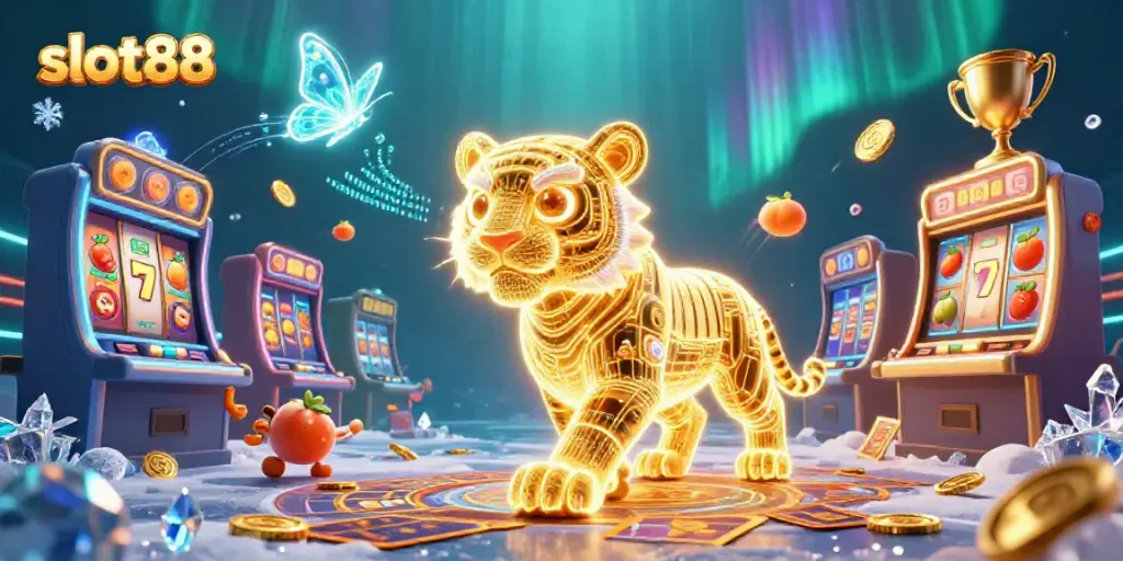 Animasi menarik slot88 yang menampilkan singa emas dan elemen kasino digital, memikat untuk pemain.