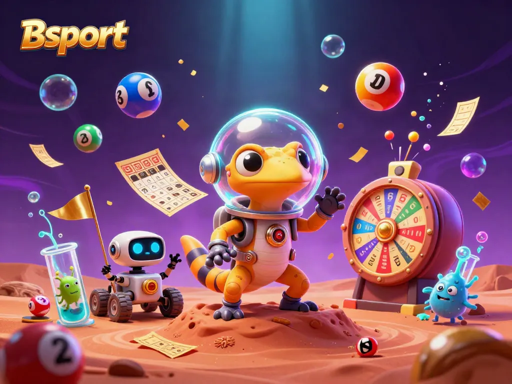 Bsport offers a vibrant illustration of a Martian gecko discovering a gold casino, surrounded by casino elements.