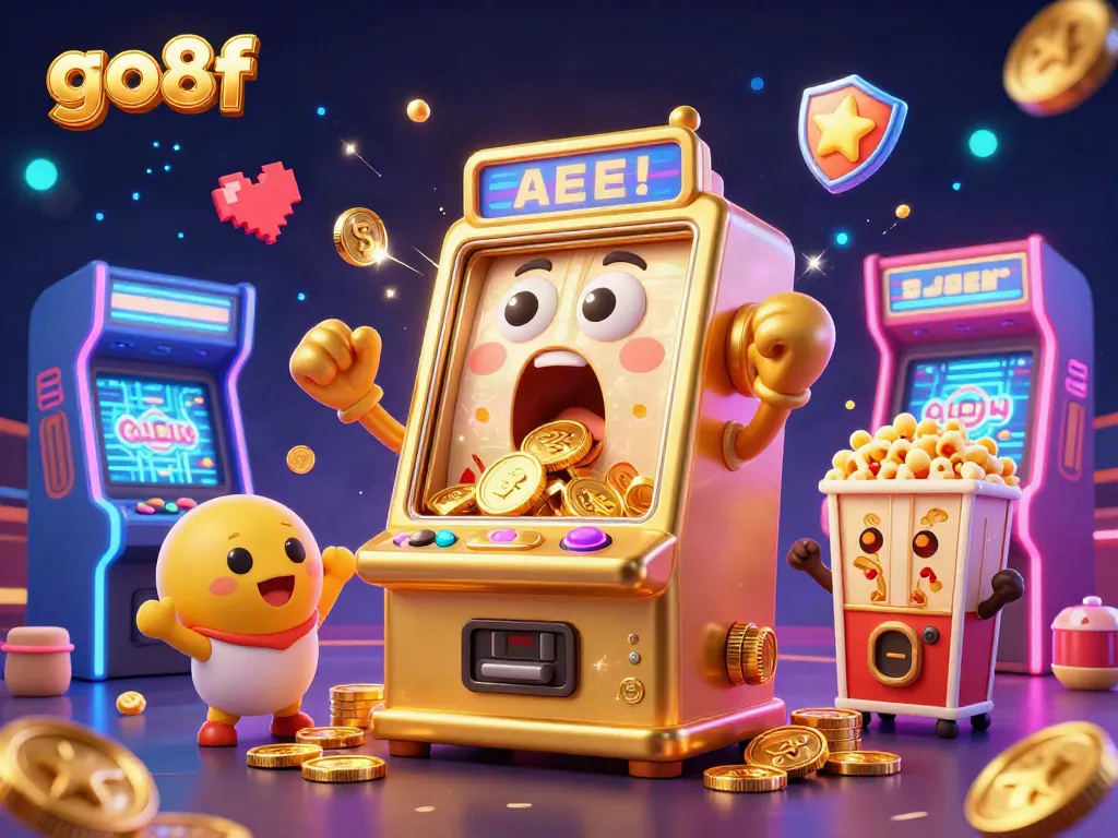 Celebrate with go8f as the golden slot machine hits a jackpot amidst cheering machines and glowing game elements.