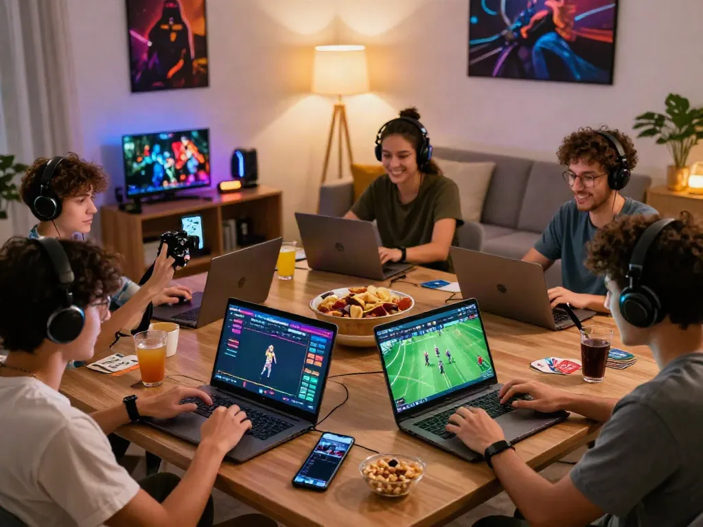 Diverse group enjoying online gaming experience on multiple devices, showcasing the vibrant hit club community atmosphere.