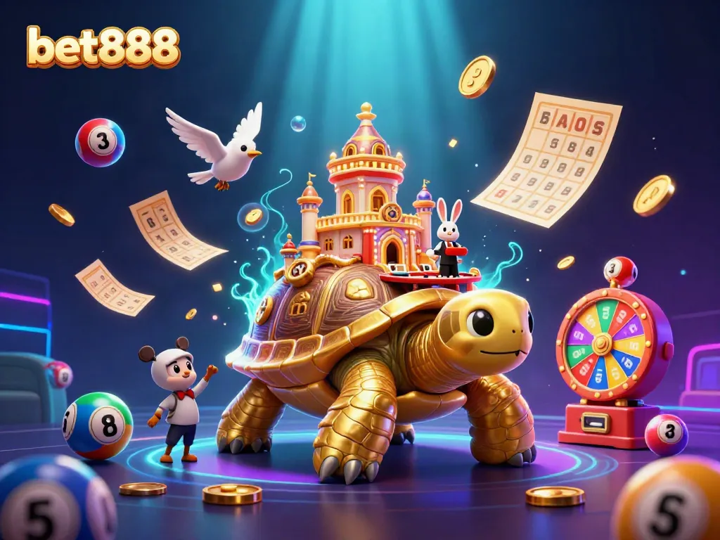 Experience exciting gaming at bet888 with a golden tortoise casino theme illustrated vividly.