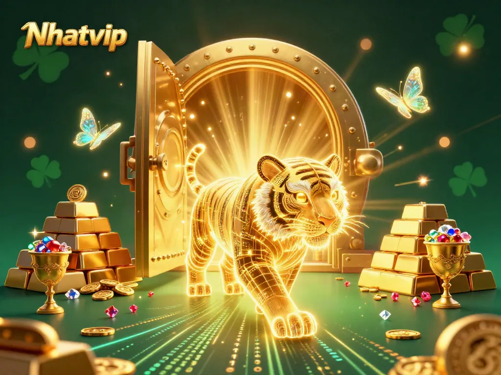 Nhatvip delivers an exciting casino experience with a vibrant digital scene of a shimmering golden tiger amidst treasure.