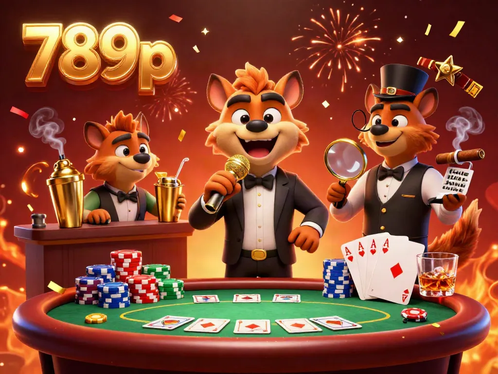 Hyenas entertain at 789p's comedy casino, with vibrant poker elements surrounding them.