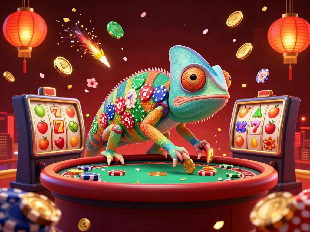 Menangkan permainan slot di bingoslot88 dengan chameleon lucu dan elemen kasino penuh warna.