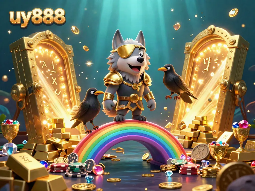 Engage in thrilling adventures with uy888 at a mystical 3D casino illustrated scene featuring a wolf and ravens.