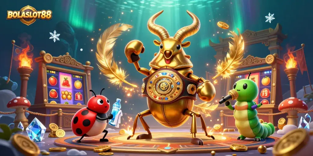 BOLASLOT88 showcases an epic slots battle with vibrant characters and dynamic gambling elements.