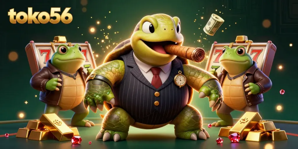Players discover exciting games at toko56 in a vibrant casino scene with lively characters and sparkling treasures.