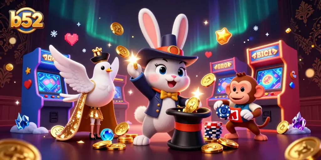 Experience the thrill of b52 gaming with a playful scene featuring enchanting characters and rich casino elements.