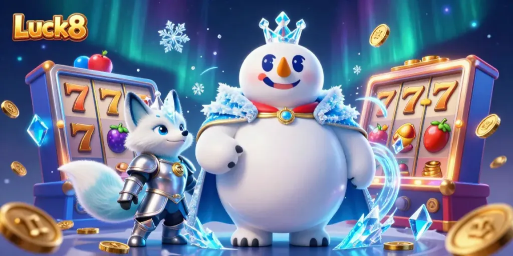 Luck8 characters engaging with dynamic slot machines, captivating jackpots, and colorful casino elements.