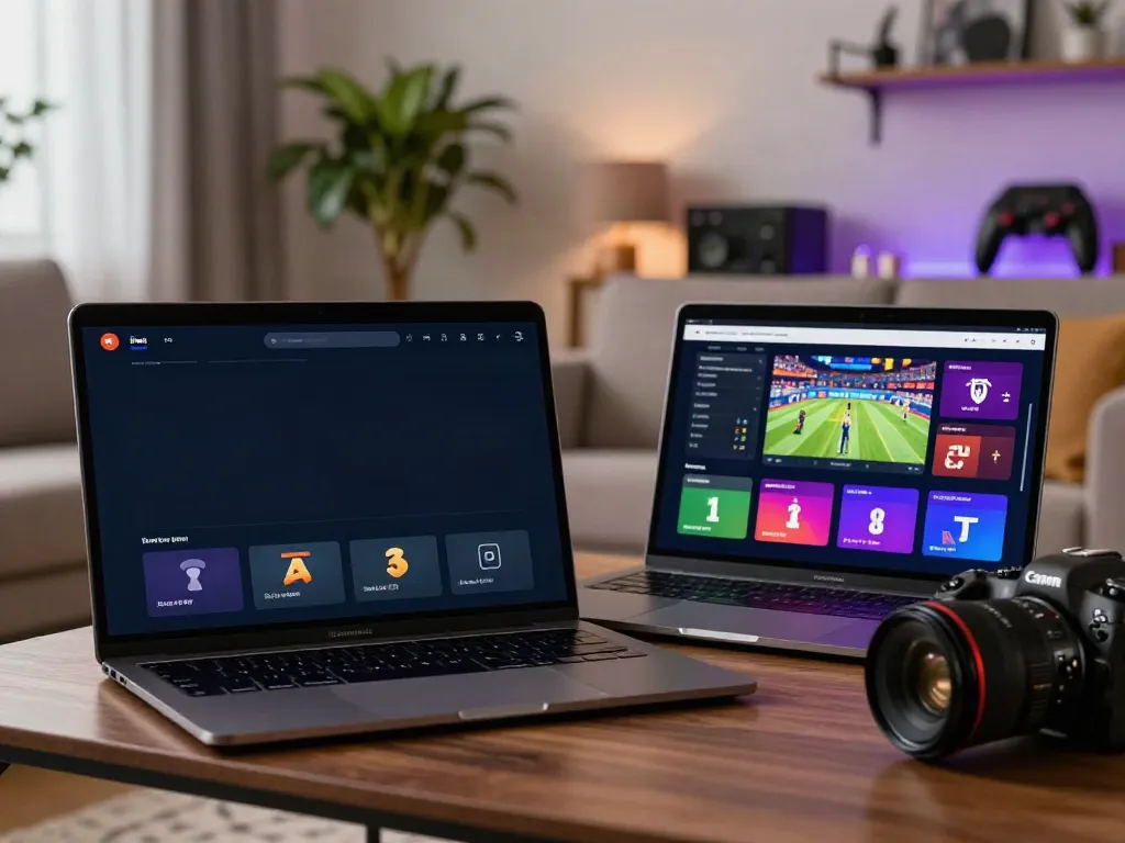 Experience online gaming on https://five888vin.com/ in a modern living room setup with a laptop and smartphone.
