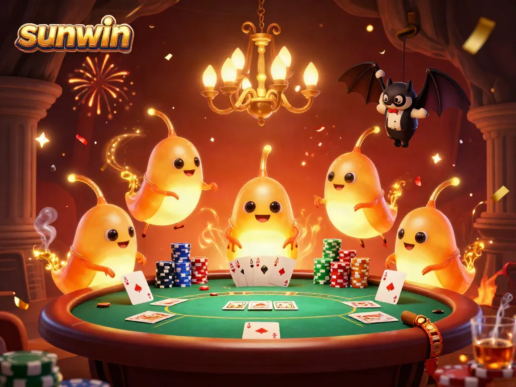 Engage in thrilling poker action at sunwin's vibrant cave casino illuminated by glowing creatures.