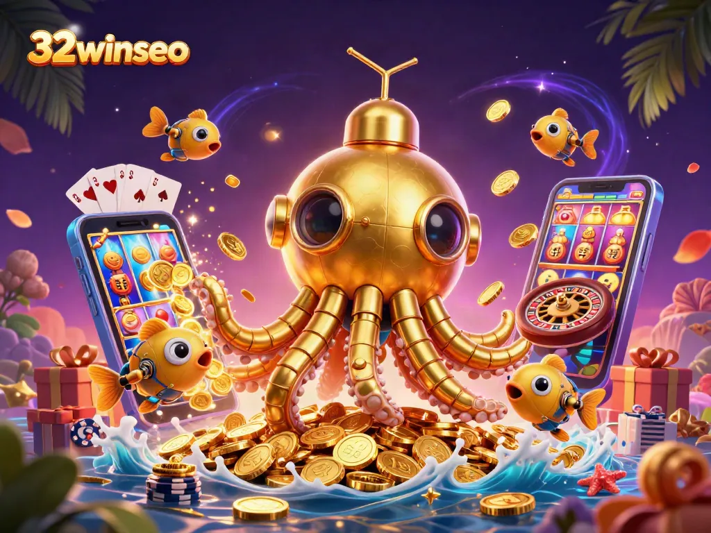 Spin and win with 32winseo's vibrant slot game featuring a golden kraken and colorful casino elements.