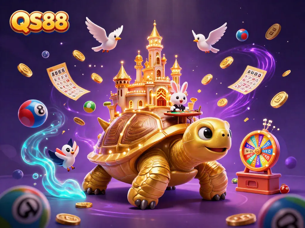Engage with QS88, a lively gambling scene filled with a tortoise casino and vibrant lottery elements.