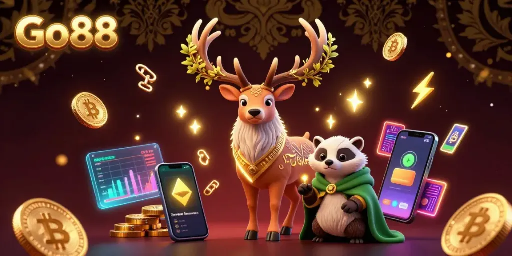 Engage with Go88's vibrant 3D casino illustration, showcasing dynamic symbols of gaming and cryptocurrency.