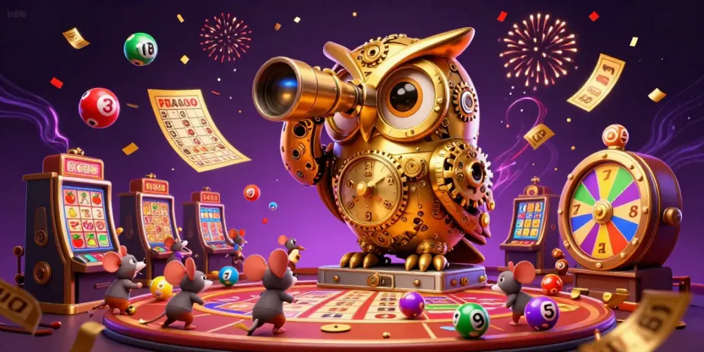 Experience exciting casino gameplay at tn88 with dynamic lottery balls and a whimsical golden owl.
