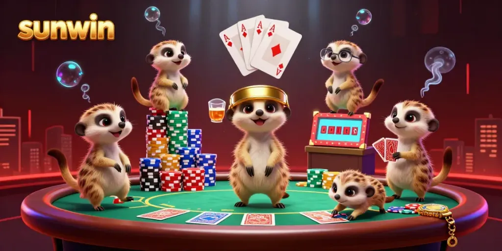 Engaging sunwin casino scene featuring meerkats dealing poker and sneaking chips in an exciting gaming atmosphere.