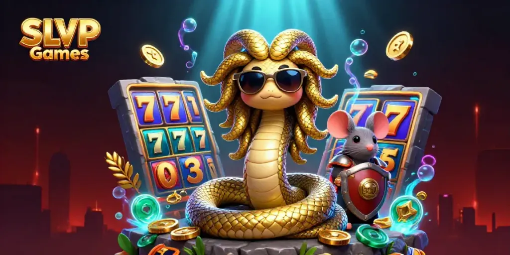 Engage in SLVIP Games with vibrant characters and casino elements in a dynamic scene.
