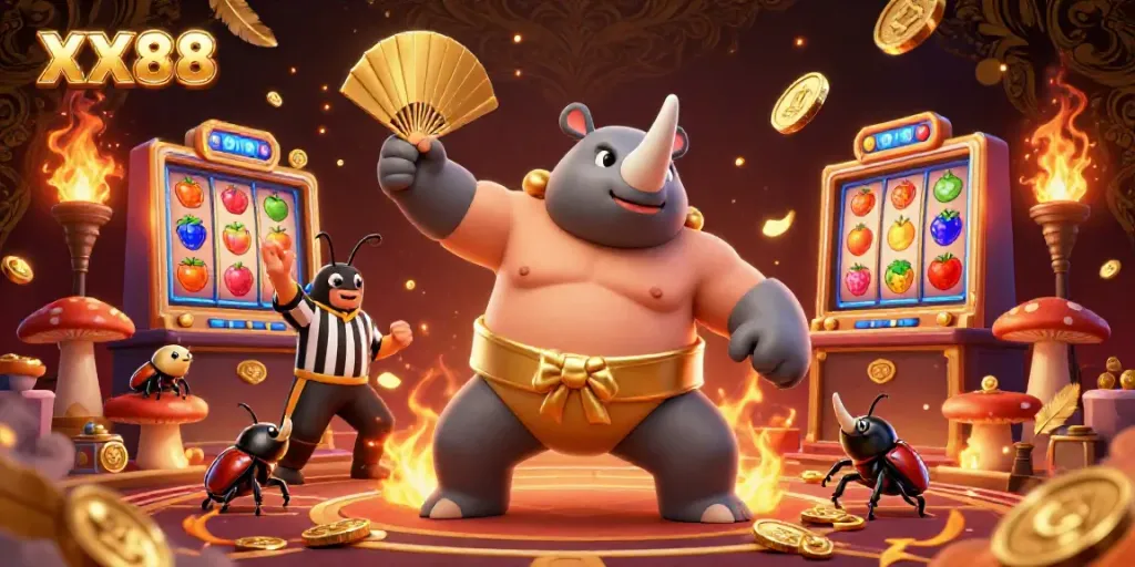 Experience an exciting casino scene with the XX88 beetle champion stomping and coins flying, set in a lively gambling arena.