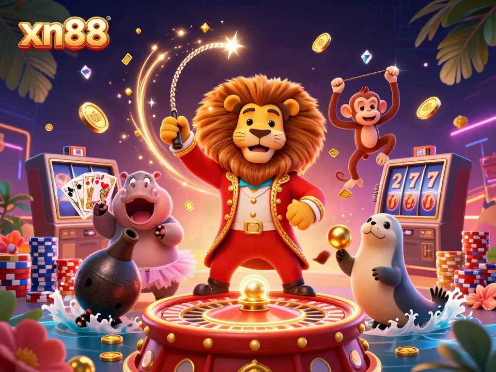 Engage with xn88 in a vibrant casino scene featuring playful characters, glittering coins, and lively gaming elements.