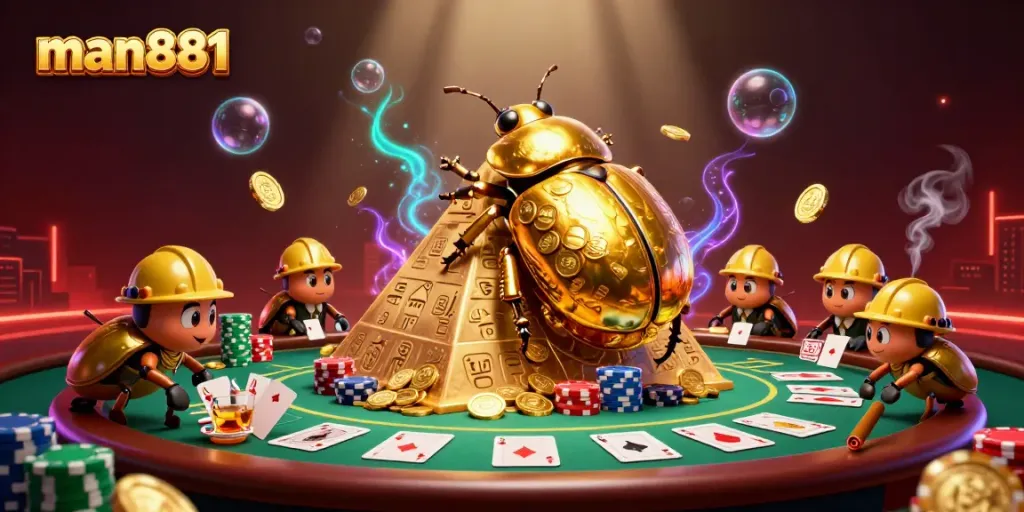 Experience the excitement of man881 as a golden beetle rolls coins amidst a vibrant casino scene.