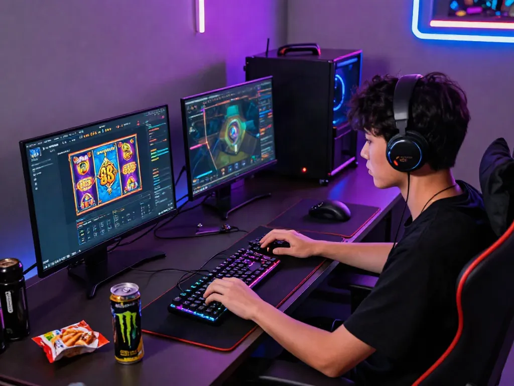 Engaging slot88 online gaming setup with vibrant neon lights and accessories.