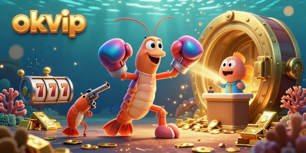 Transform your gameplay with okvip's vibrant 3D illustration featuring a mantis shrimp champion in a dynamic casino scene.