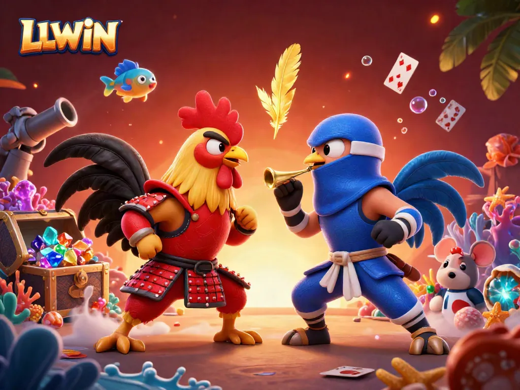 LLWIN showcases epic battle between 3D roosters in samurai and ninja gear amid vibrant gambling elements.