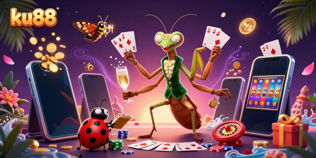 Experience the excitement of ku88 with a dynamic casino scene featuring a giant praying mantis card sharp and ladybug pit boss.