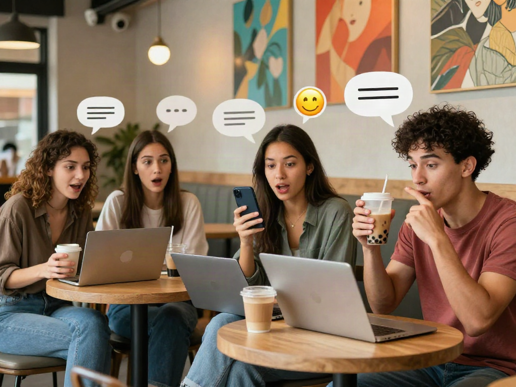 Vibrant nsfw chat scene showing diverse young adults engaged in dynamic conversations at a café with laptops and phones.