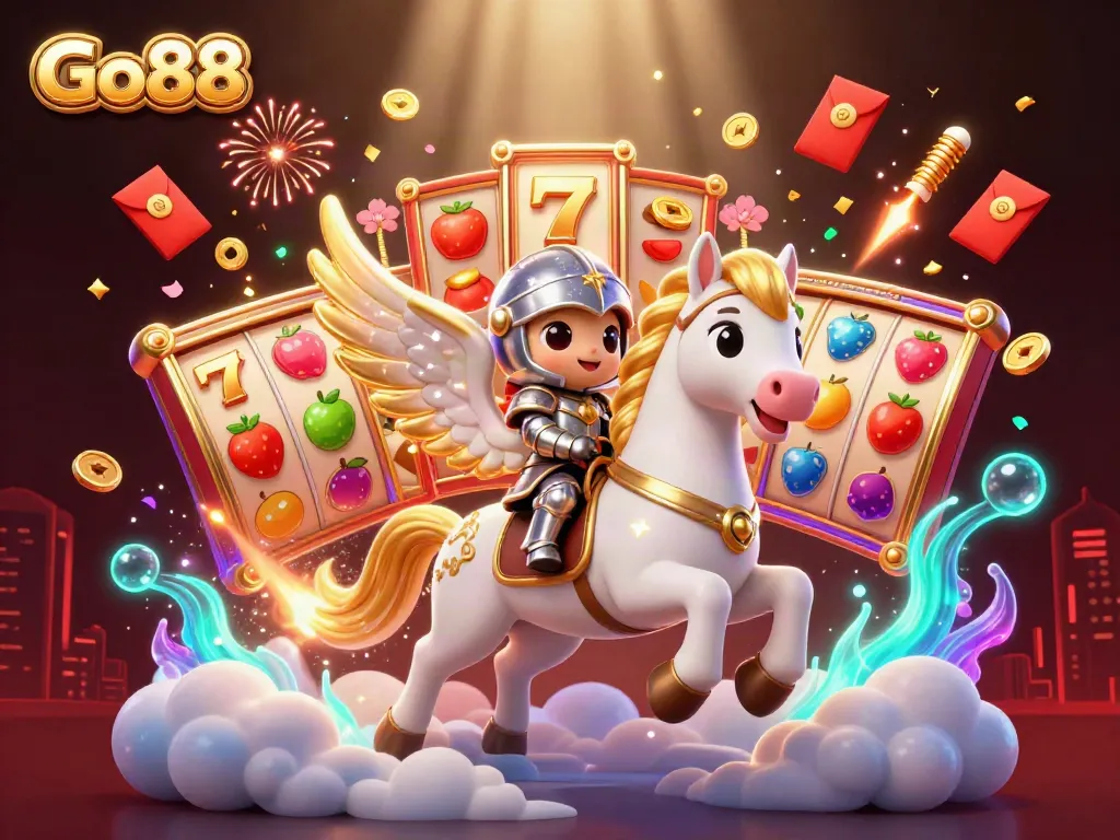 Experience the thrill of Go88 with a colorful 3D casino scene featuring a starry horse and vibrant slot reels.