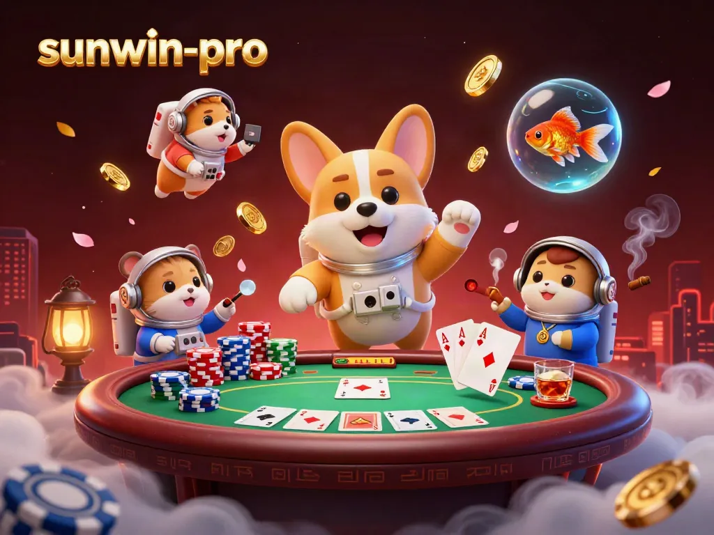 Experience thrilling games with sunwin-pro in a dynamic space casino with corgi and poker chips.