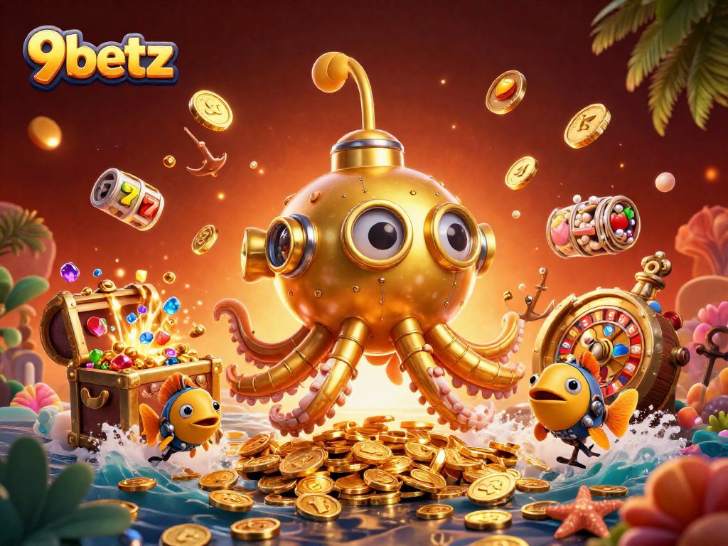 Experience the thrill of 9betz with the kraken submarine amidst a cascade of gambling treasures!