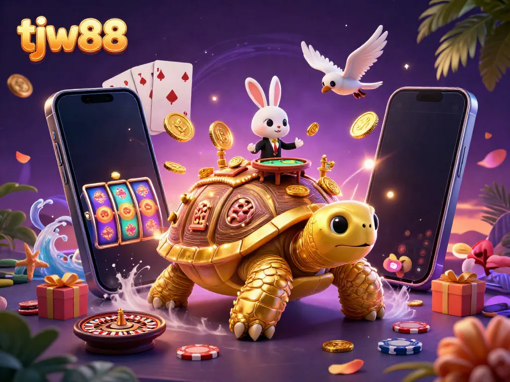 Experience thrilling moments at tjw88 with a vibrant casino scene featuring a gold tortoise and playful characters!