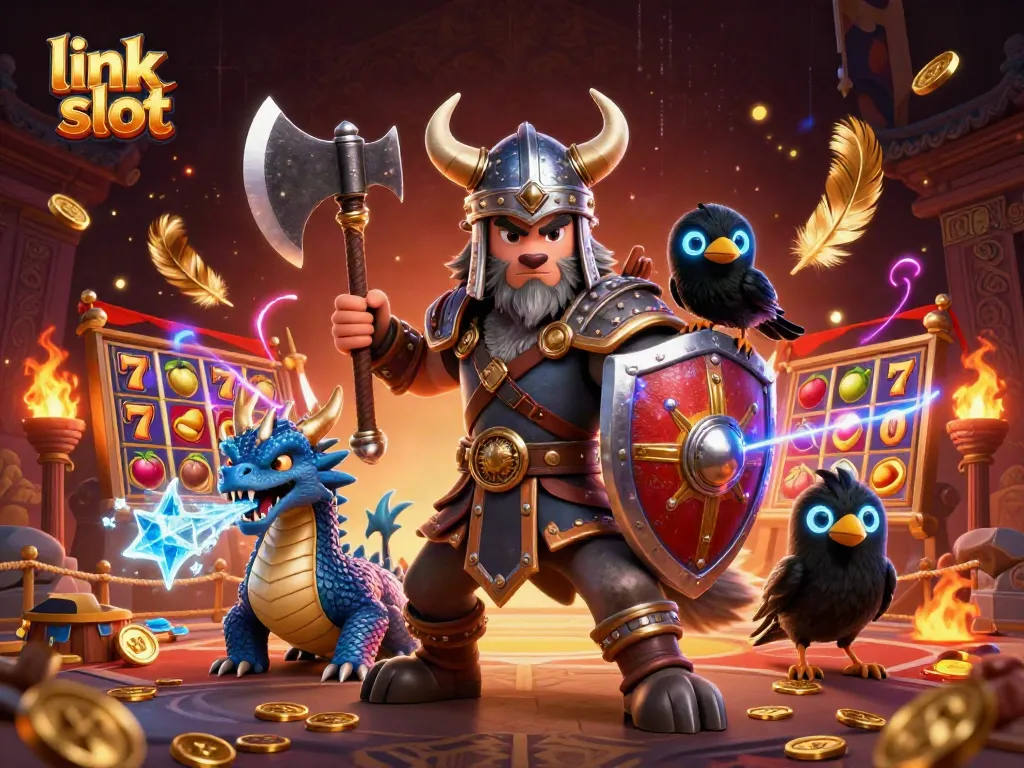 Engage with exciting link slot gameplay featuring the Viking warrior, fierce dragon, and enchanted raven.
