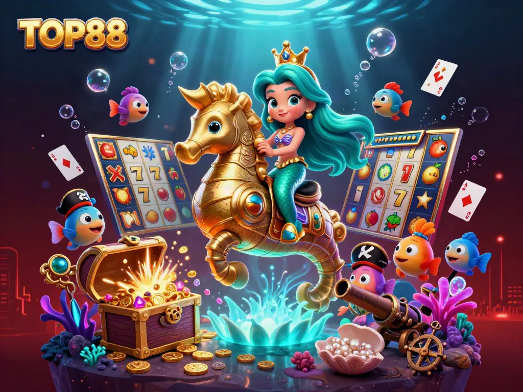 Engage in thrilling gameplay at TOP88 with a vibrant underwater casino scene filled with treasures.