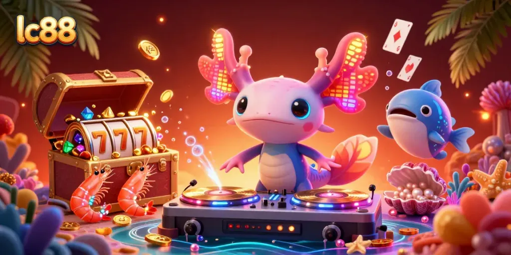 Experience the excitement of lc88 with lively characters and vibrant casino elements in a fantastical underwater scene.